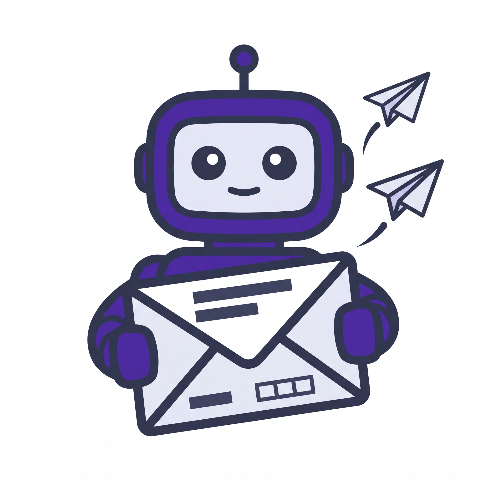 Cartoon robot mascot holding a large envelope, with two paper airplanes flying beside it, drawn in flat purple and white line art